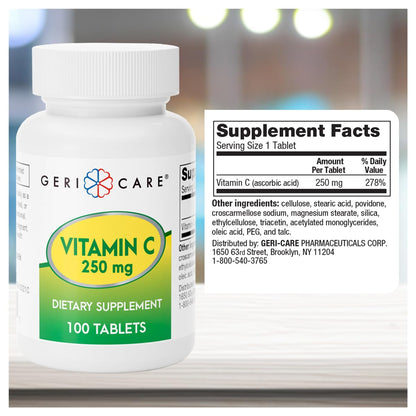 GeriCare Vitamin C 250mg | Immune Support, Antioxidant Protection, Collagen & Iron Absorption | 100 Count