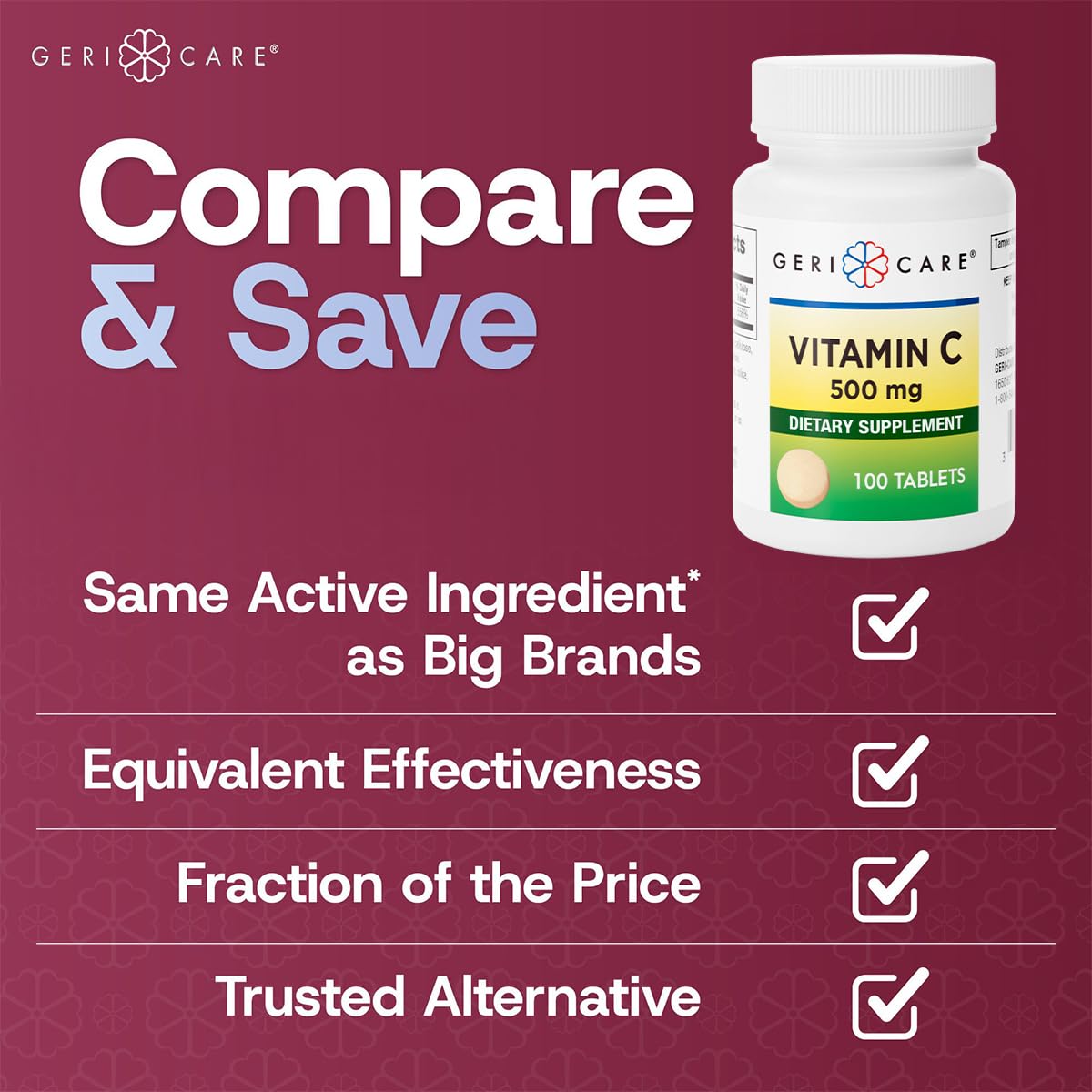 GeriCare Vitamin C 500 mg – Immune Support & Antioxidant Tablets, 100 Count