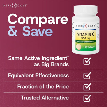 GeriCare Vitamin C 500 mg – Immune Support & Antioxidant Tablets, 100 Count