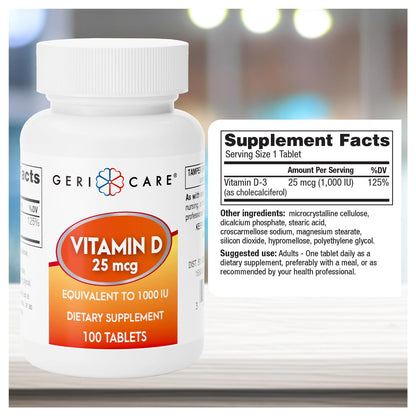 GeriCare Vitamin D 25mcg Tablets – Bone Health & Immune Support (100 Count)