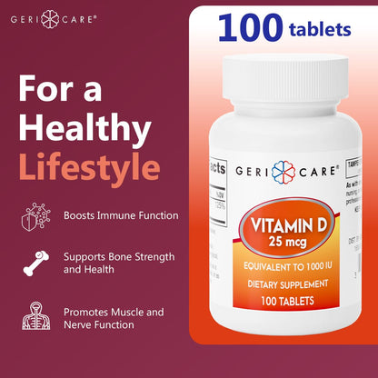 GeriCare Vitamin D 25mcg Tablets – Bone Health & Immune Support (100 Count)