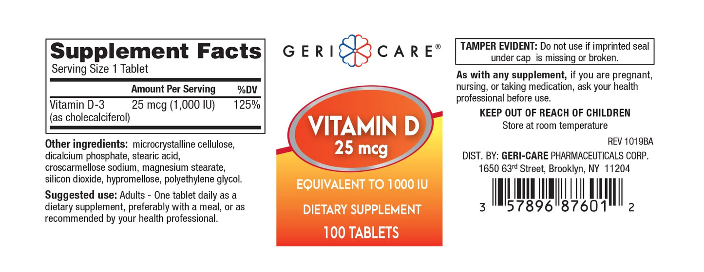 GeriCare Vitamin D 25mcg Tablets – Bone Health & Immune Support (100 Count)