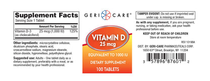 GeriCare Vitamin D 25mcg Tablets – Bone Health & Immune Support (100 Count)