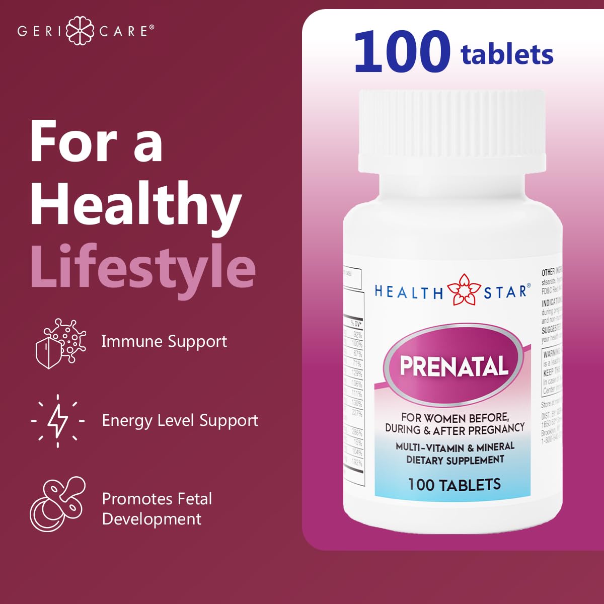 GeriCare Prenatal Multivitamin & Minerals – Folate, Vitamin C, Vitamin D, Iron, Calcium, B12 | 100 Count (Pack of 2)