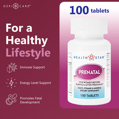 GeriCare Prenatal Multivitamin & Minerals – Folate, Vitamin C, Vitamin D, Iron, Calcium, B12 | 100 Count (Pack of 2)