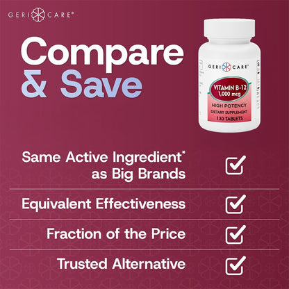 GeriCare Vitamin B-12 1000mcg High Potency Tablets – Energy & Brain Health (130 Count)