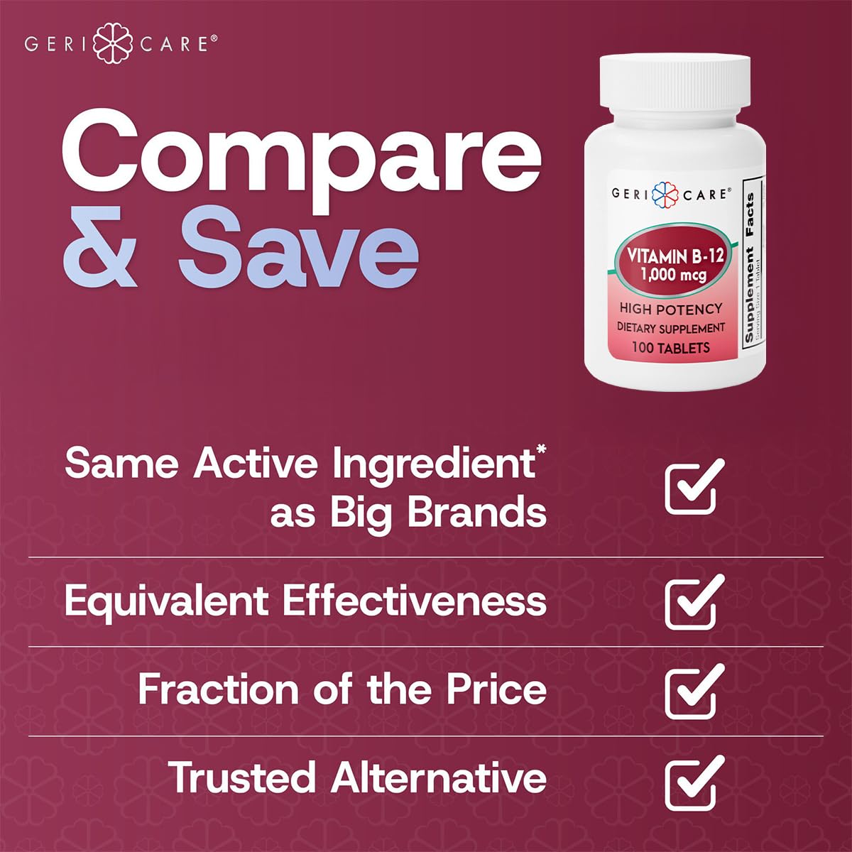 GeriCare Vitamin B-12 1000mcg High Potency Tablets | Energy, Brain & Nervous System Support