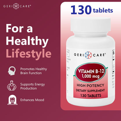 GeriCare Vitamin B-12 1000mcg High Potency Tablets – Energy & Brain Health (130 Count)