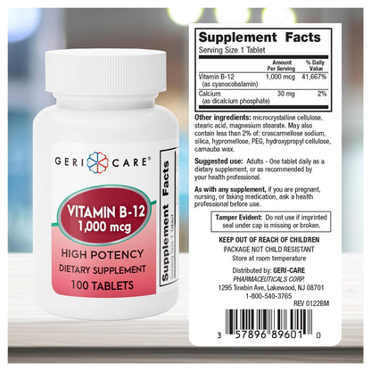 GeriCare Vitamin B-12 1000mcg High Potency Tablets | Energy, Brain & Nervous System Support