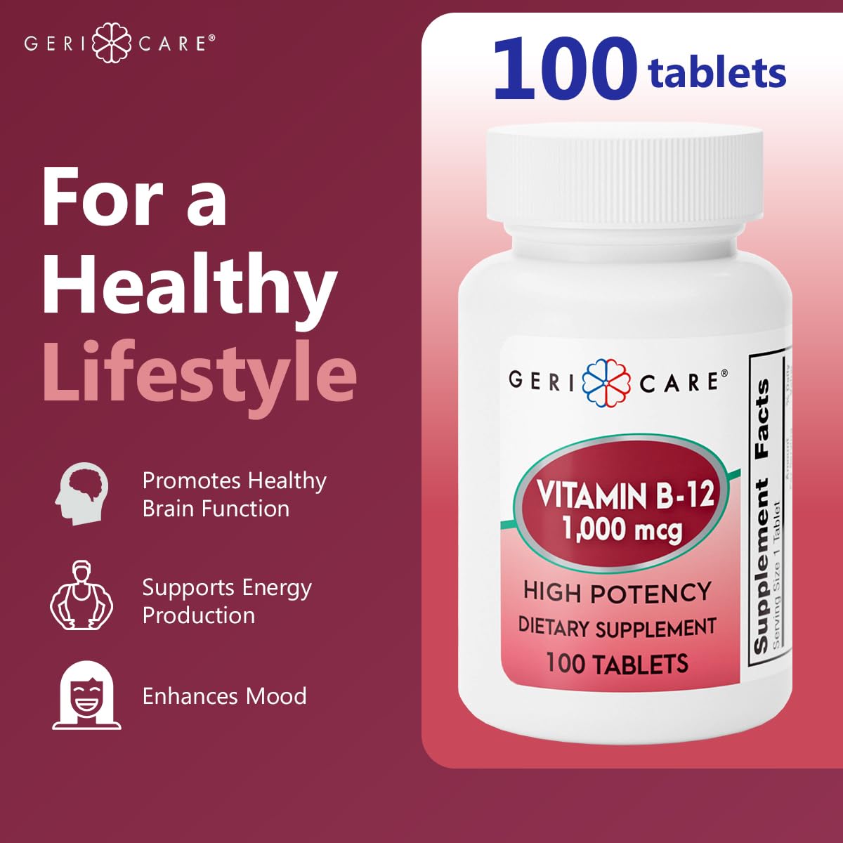 GeriCare Vitamin B-12 1000mcg High Potency Tablets | Energy, Brain & Nervous System Support
