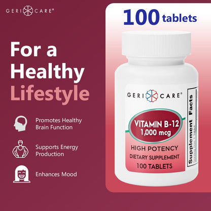 GeriCare Vitamin B-12 1000mcg High Potency Tablets | Energy, Brain & Nervous System Support