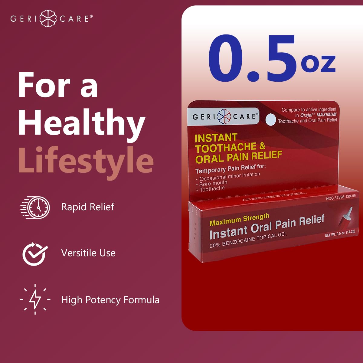 GeriCare Benzocaine 20% Maximum Strength Toothache & Oral Instant Pain Relief Gel 0.5 oz (Pack of 1) – Fast-Acting Numbing Pain Treatment