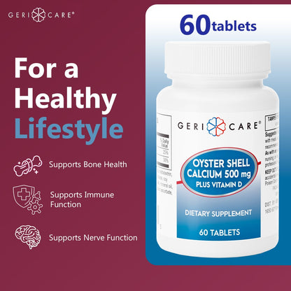 GeriCare Oyster Shell Calcium 500mg + Vitamin D for Bone Health - 60 Count