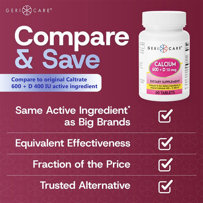 GeriCare Calcium 600mg + Vitamin D3 10mcg | Bone Health Supplement, 60 Count