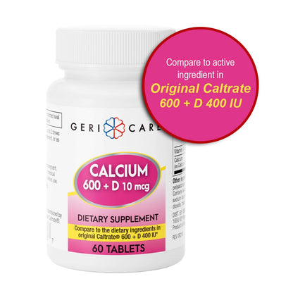 GeriCare Calcium 600mg + Vitamin D3 10mcg | Bone Health Supplement, 60 Count