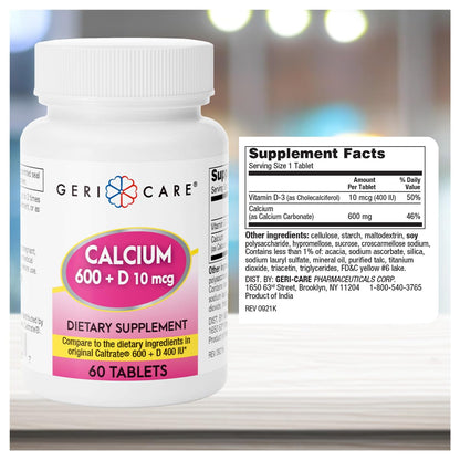 GeriCare Calcium 600mg + Vitamin D3 10mcg | Bone Health Supplement, 60 Count