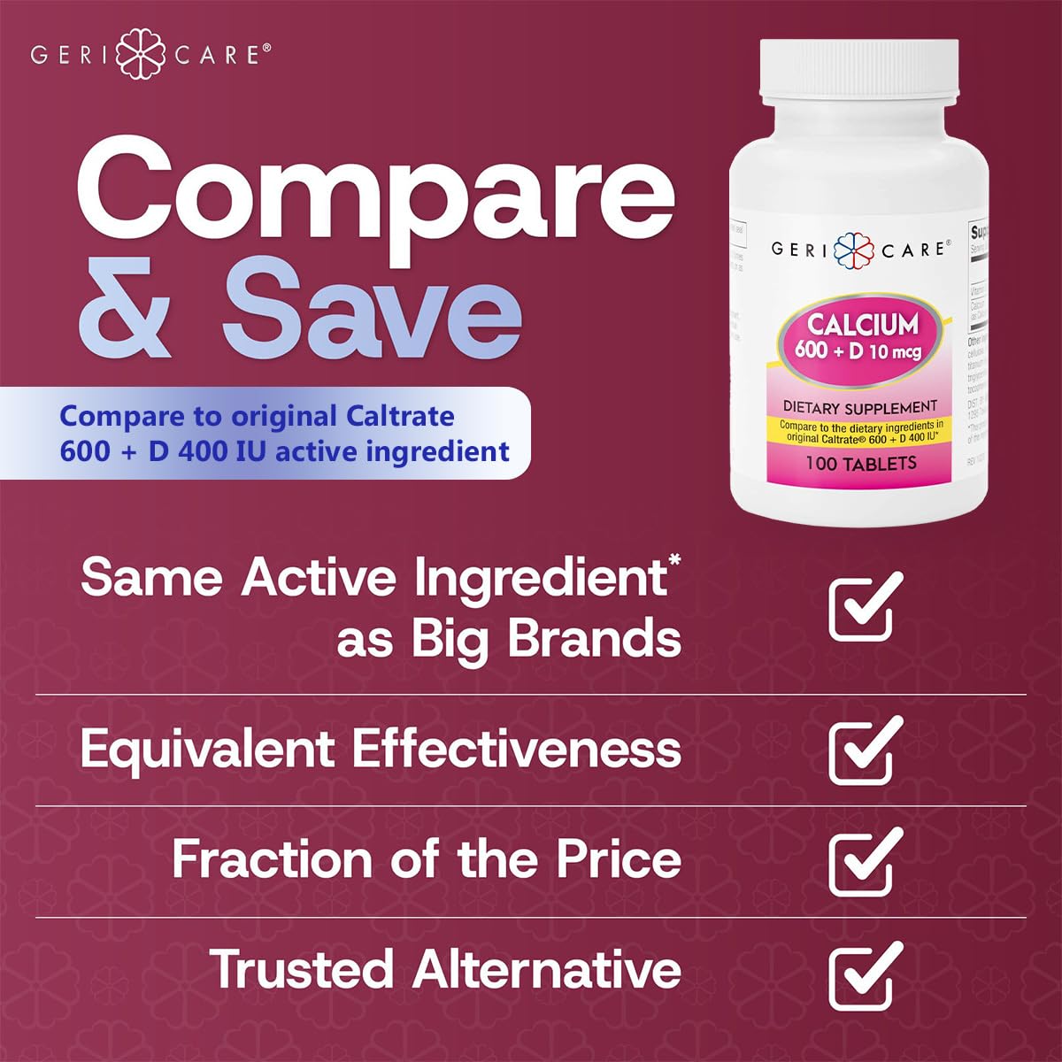 GeriCare Calcium 600mg + Vitamin D 400IU Tablets | Bone Health Support