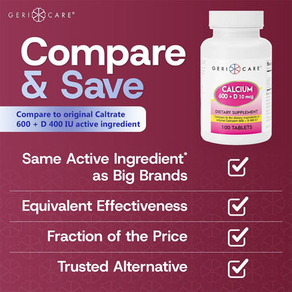 GeriCare Calcium 600mg + Vitamin D 400IU Tablets | Bone Health Support