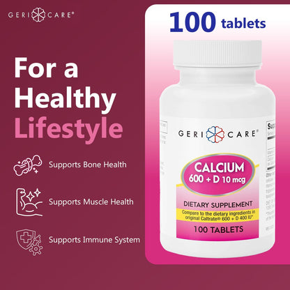 GeriCare Calcium 600mg + Vitamin D 400IU Tablets | Bone Health Support