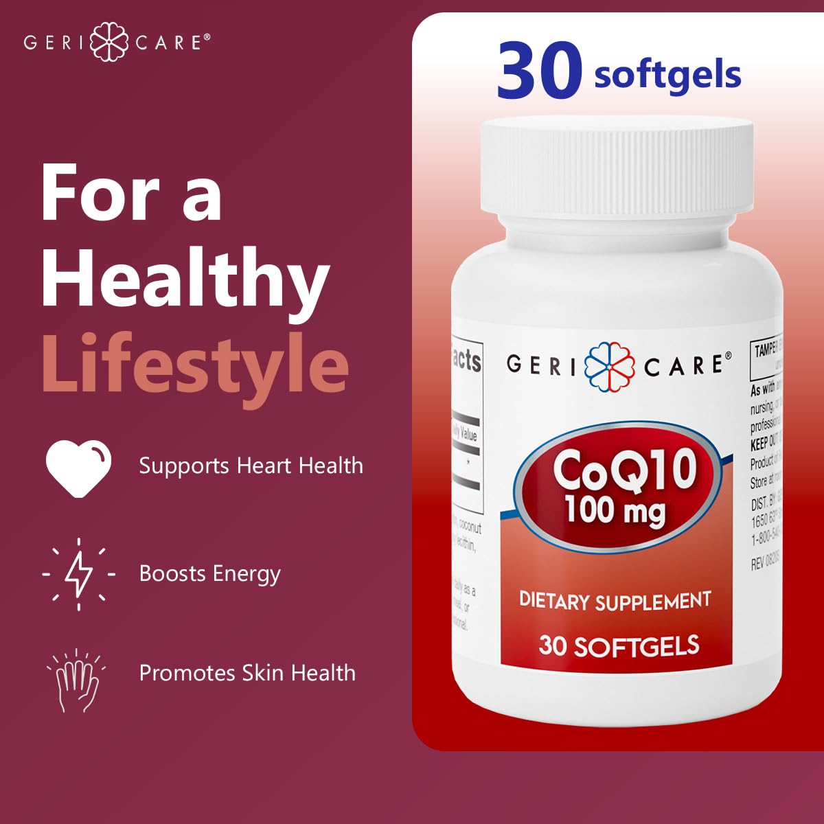 GeriCare CoQ10 100mg Softgels – High Absorption CoQ10, 30-Count, Travel Friendly