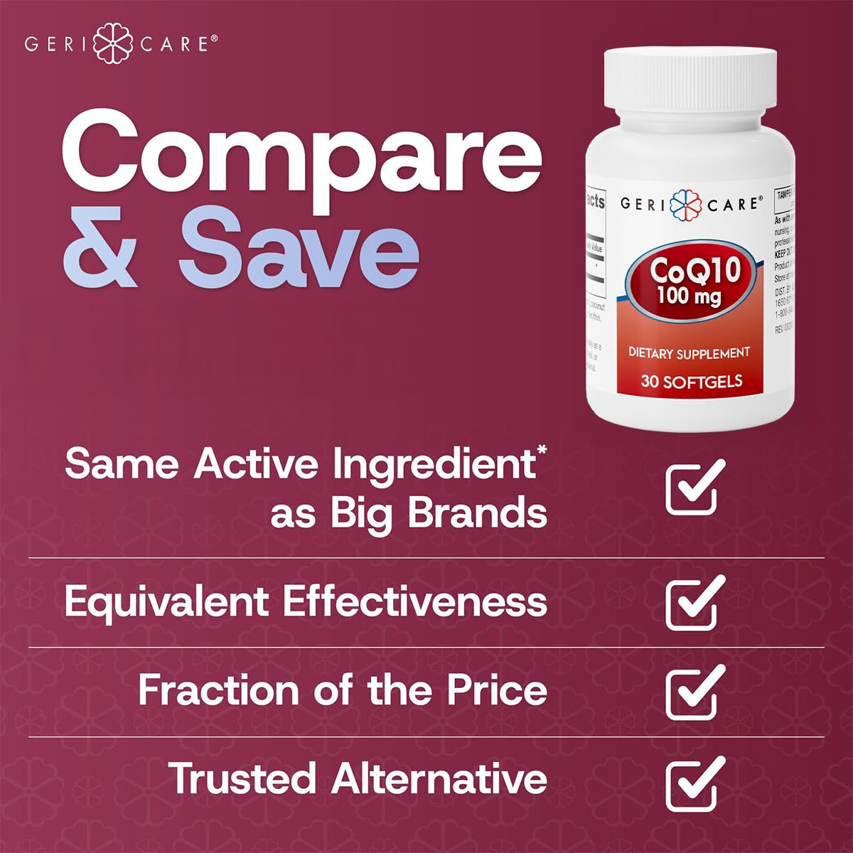 GeriCare CoQ10 100mg Softgels – High Absorption CoQ10, 30-Count, Travel Friendly