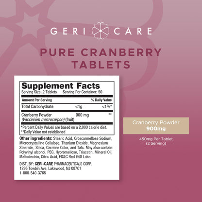 High-Potency Cranberry Supplement By GeriCare- 450mg Pure Cranberry Tablets For Urinary Tract Health- Natural UTI Prevention For Men & Women- GMO, Gluten & Dairy Free Cranberry Concentrate [100 Count]
