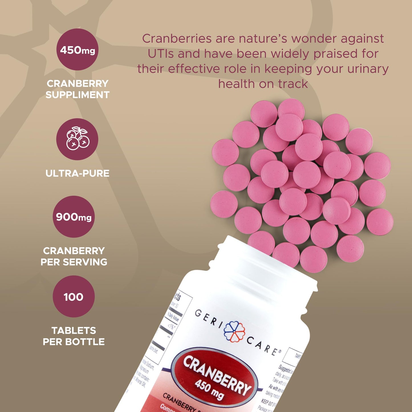 High-Potency Cranberry Supplement By GeriCare- 450mg Pure Cranberry Tablets For Urinary Tract Health- Natural UTI Prevention For Men & Women- GMO, Gluten & Dairy Free Cranberry Concentrate [100 Count]