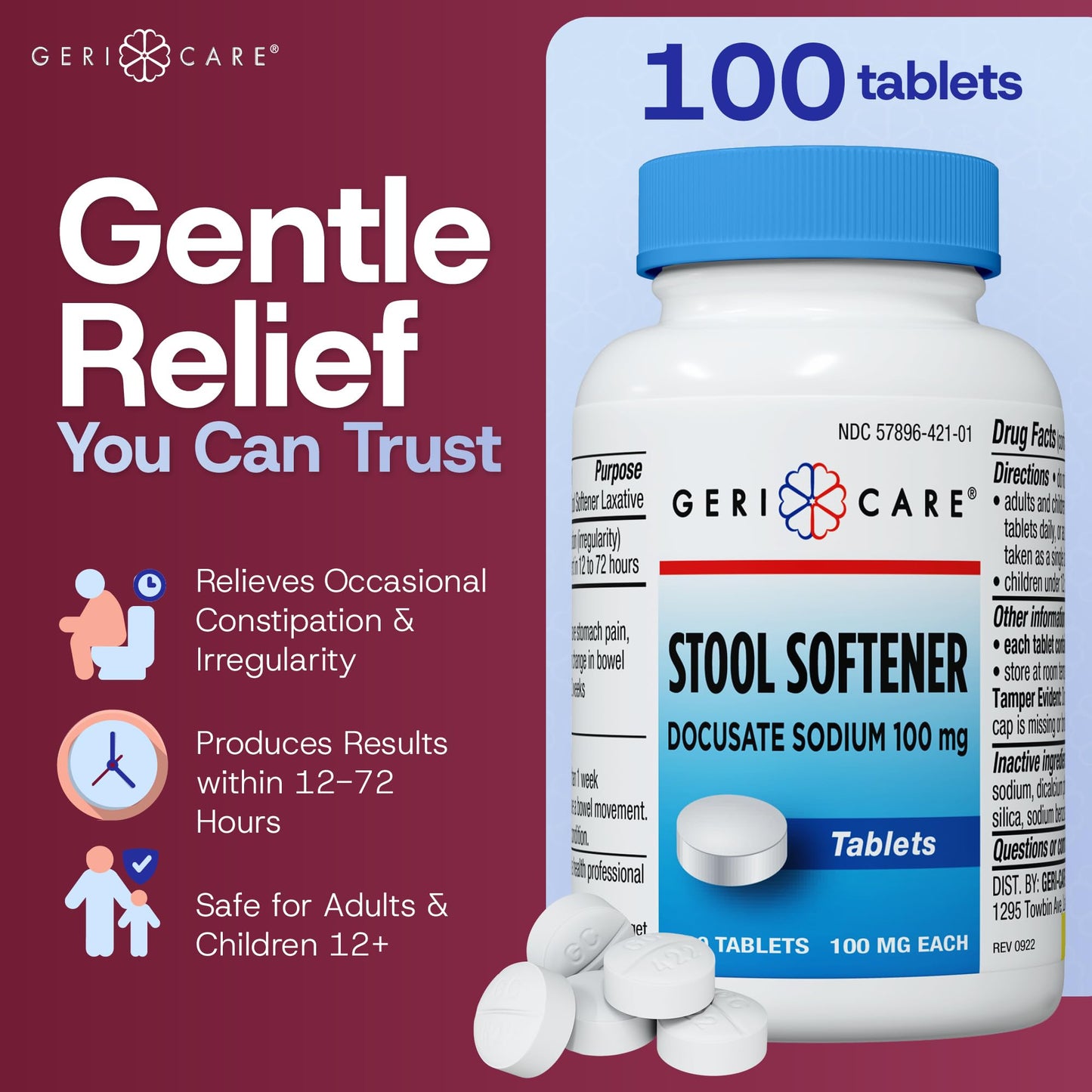 GeriCare Docusate Sodium Stool Softeners 100mg – Dye Free, USA Made, Compared to Colace Regular Strength