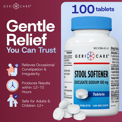 GeriCare Docusate Sodium Stool Softeners 100mg – Dye Free, USA Made, Compared to Colace Regular Strength