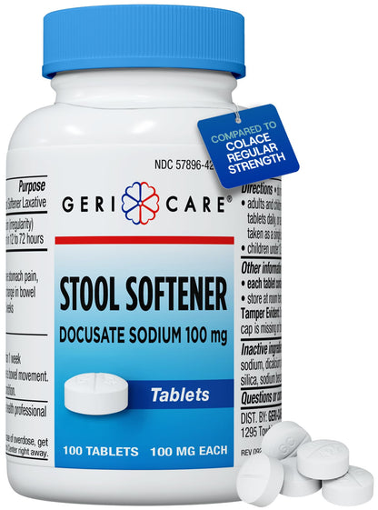 GeriCare Docusate Sodium Stool Softeners 100mg – Dye Free, USA Made, Compared to Colace Regular Strength