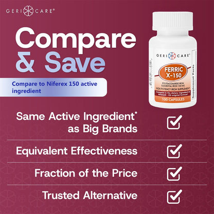 GeriCare Ferric X-150 High Potency Iron — 150 mg Elemental, 100 Count Capsules