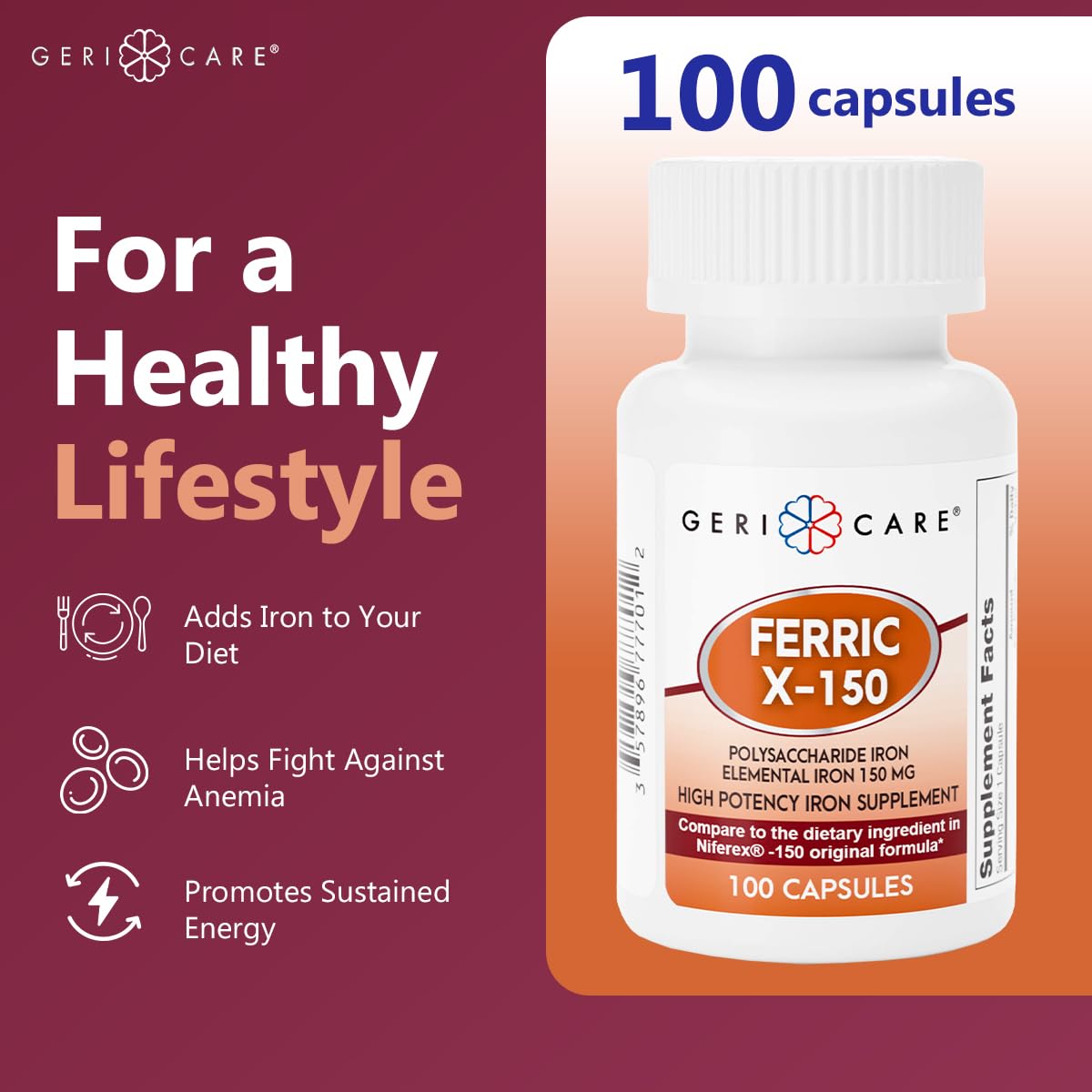 GeriCare Ferric X-150 High Potency Iron — 150 mg Elemental, 100 Count Capsules