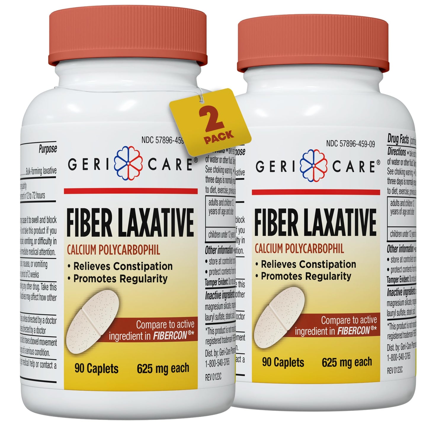 GeriCare Fiber Laxative Caplets 625mg | Calcium Polycarbophil for Gentle Digestion, 2-Pack (90 Count Each)