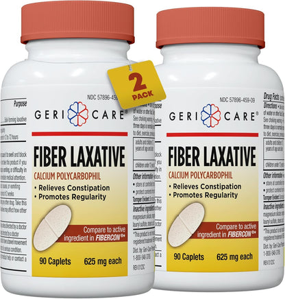 GeriCare Fiber Laxative Caplets 625mg | Calcium Polycarbophil for Gentle Digestion, 2-Pack (90 Count Each)