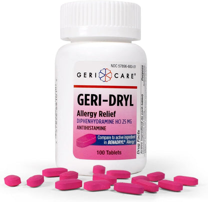 Geri-Dryl Allergy Relief Tablets (100 Count) by GeriCare | Diphenhydramine HCl 25mg Antihistamine for Sneezing, Runny Nose, Itchy Eyes & Throats