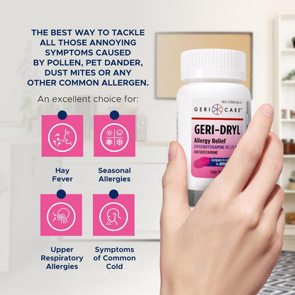 Geri-Dryl Allergy Relief Tablets (100 Count) by GeriCare | Diphenhydramine HCl 25mg Antihistamine for Sneezing, Runny Nose, Itchy Eyes & Throats