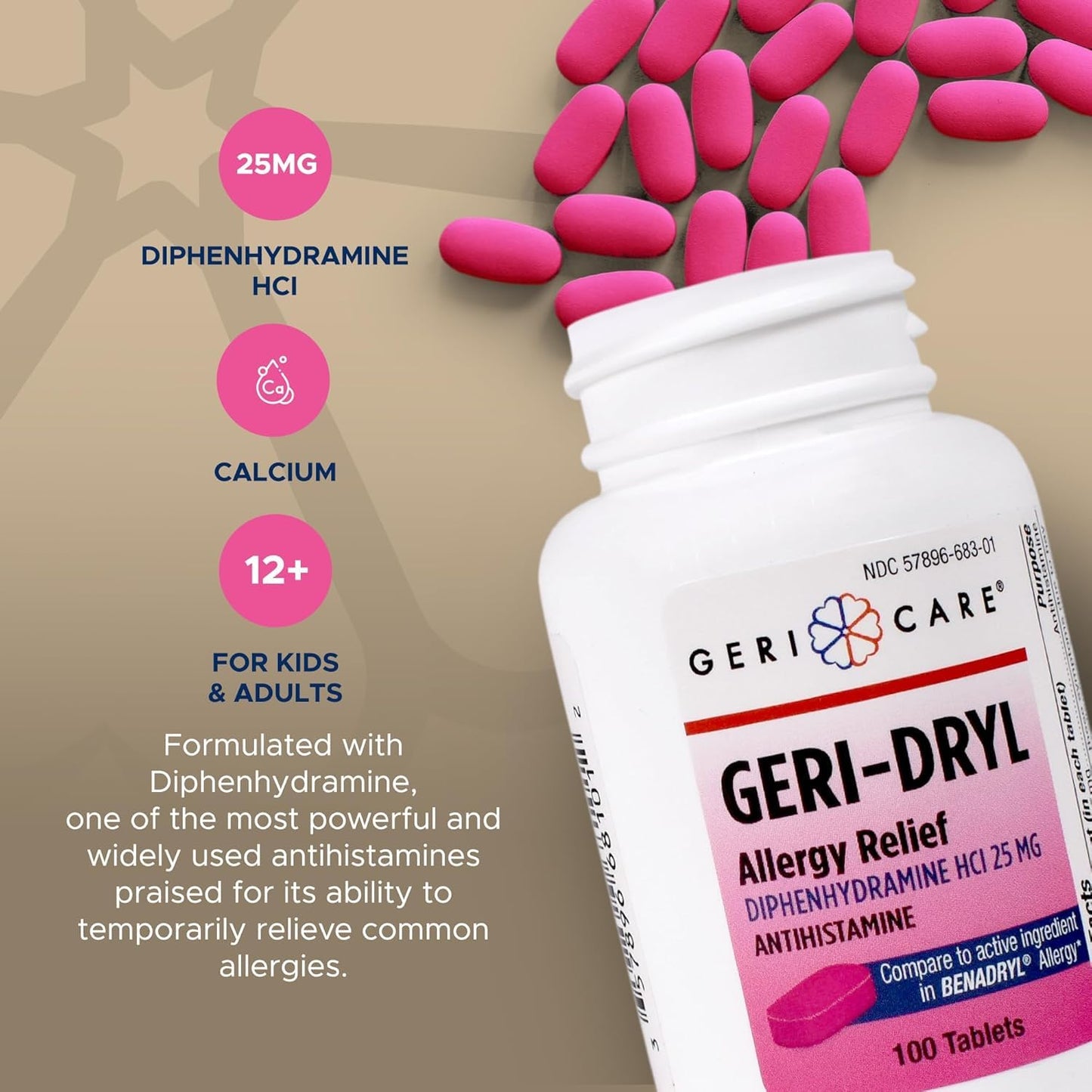 Geri-Dryl Allergy Relief Tablets (100 Count) by GeriCare | Diphenhydramine HCl 25mg Antihistamine for Sneezing, Runny Nose, Itchy Eyes & Throats