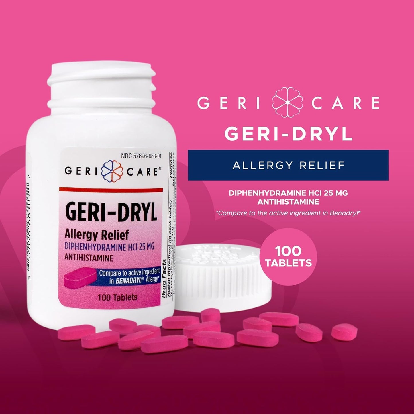 Geri-Dryl Allergy Relief Tablets (100 Count) by GeriCare | Diphenhydramine HCl 25mg Antihistamine for Sneezing, Runny Nose, Itchy Eyes & Throats