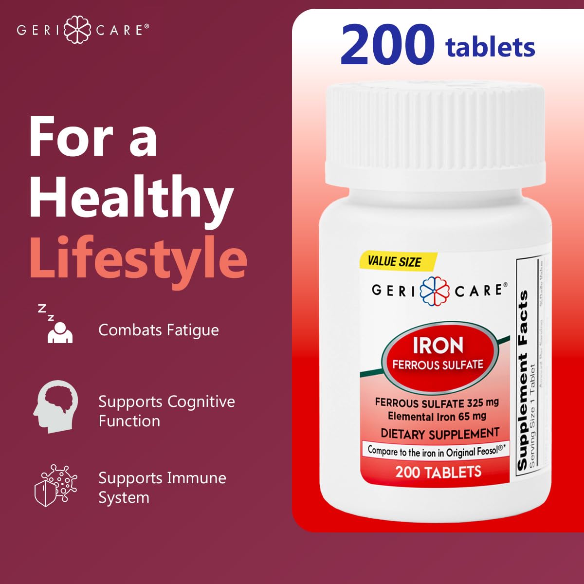 GeriCare Ferrous Sulfate Tablets 325mg | High Potency Iron 65mg – 200 Count