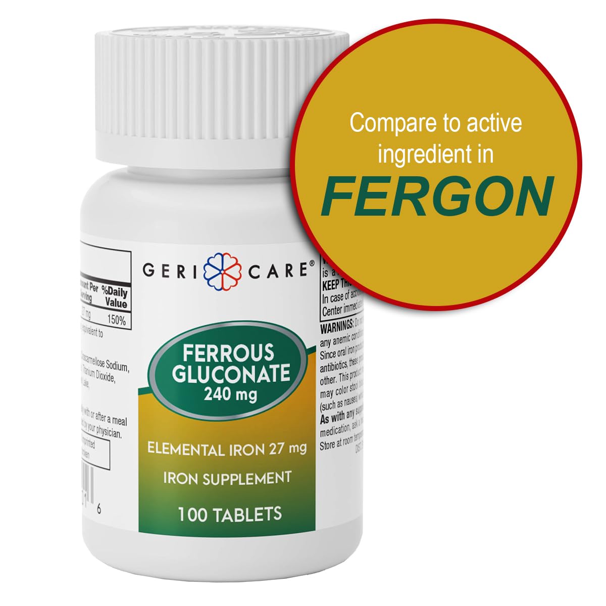 Gericare Iron 27mg Ferrous Gluconate 240mg – Iron & Energy Supplement, 100 Count