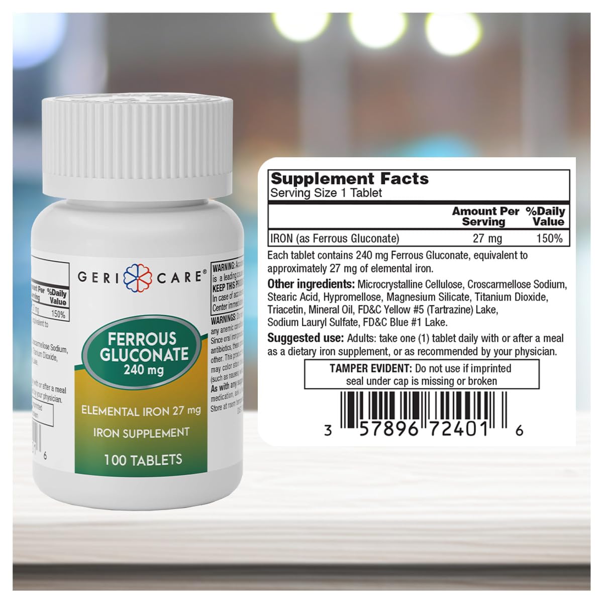 Gericare Iron 27mg Ferrous Gluconate 240mg – Iron & Energy Supplement (Pack of 2, 100 Count)