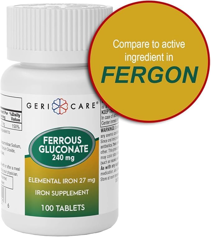 Gericare Iron 27mg Ferrous Gluconate 240mg – Iron & Energy Supplement (Pack of 2, 100 Count)