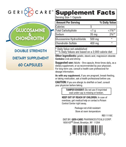 Gericare Glucosamine HCl 500 mg + Chondroitin Sulfate 400 mg with Sodium 35 mg Capsules | Joint Mobility & Cartilage Health | 60 Count