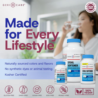 GeriCare Docusate Sodium Stool Softeners 100mg – Dye Free, USA Made, Compared to Colace Regular Strength