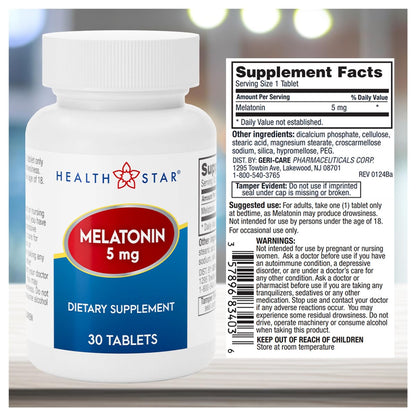 GeriCare Melatonin 5mg – Sleep Aid for Nighttime Routine, 30 Count