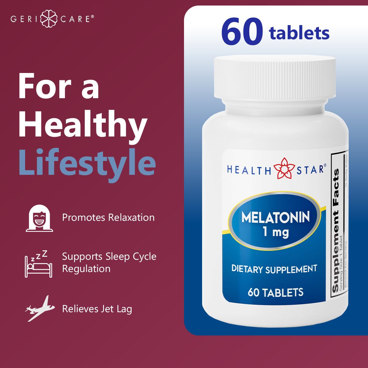 GeriCare Melatonin 1mg Sleep Support - 60 Tablets | Non-Habit Forming Nighttime Aid