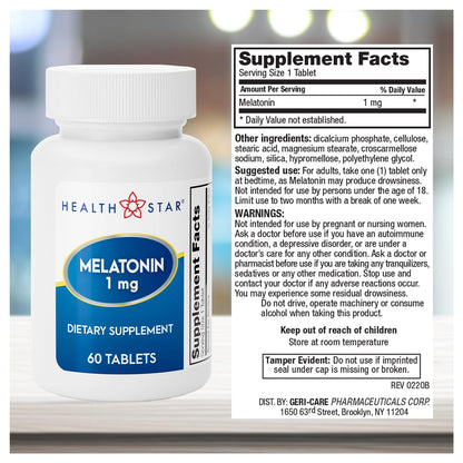 GeriCare Melatonin 1mg Sleep Support - 60 Tablets | Non-Habit Forming Nighttime Aid
