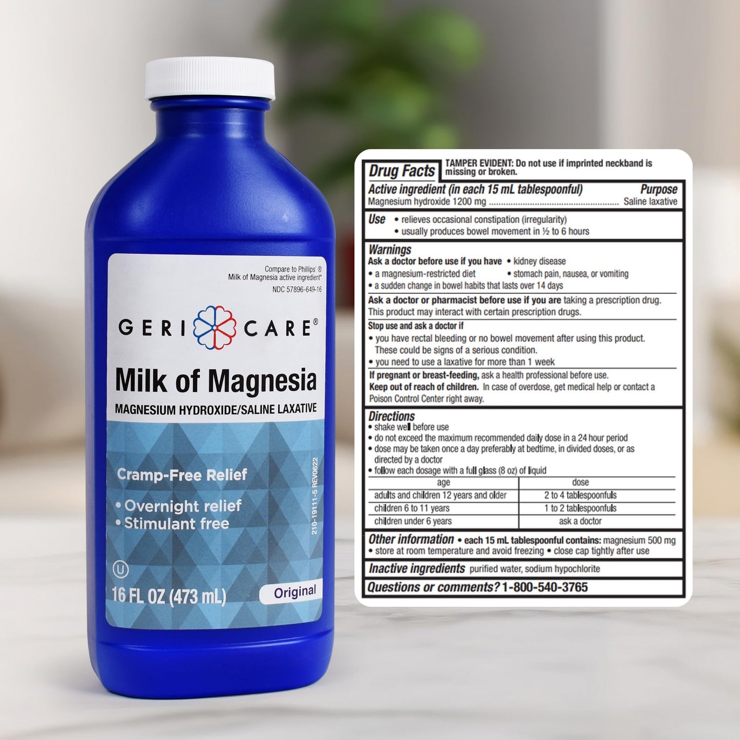 GeriCare Milk of Magnesia 1200mg | Fast Overnight Constipation Relief | Original Flavor | 16 Fl Oz
