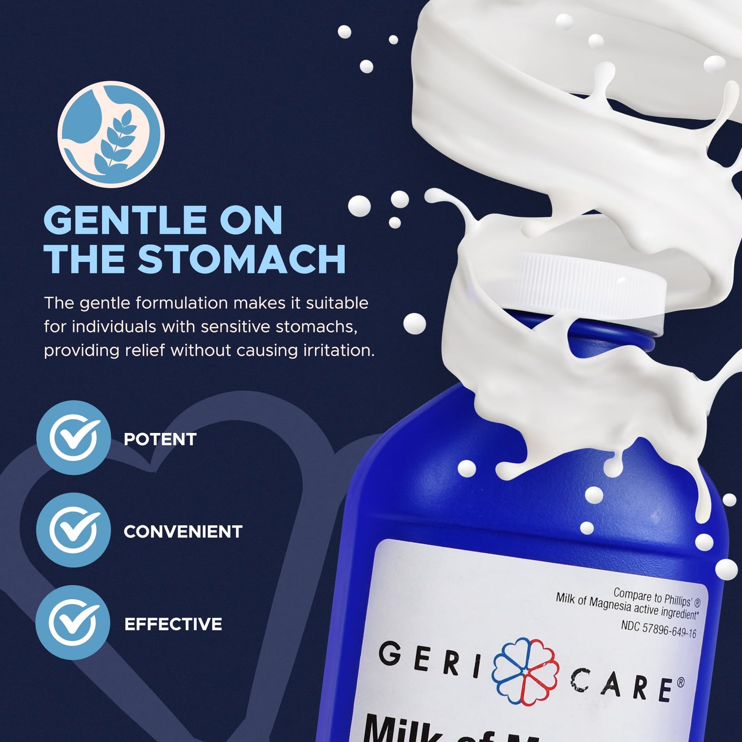 GeriCare Milk of Magnesia 1200mg | Fast Overnight Constipation Relief | Original Flavor | 16 Fl Oz