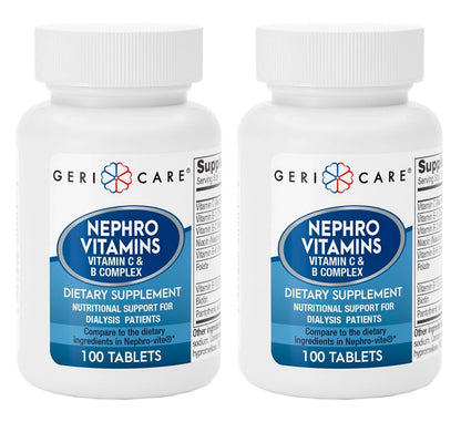 GeriCare Nephro Vitamin C & B Complex Tablets – 100 Count, Pack of 2 | Kidney Health & Energy Support